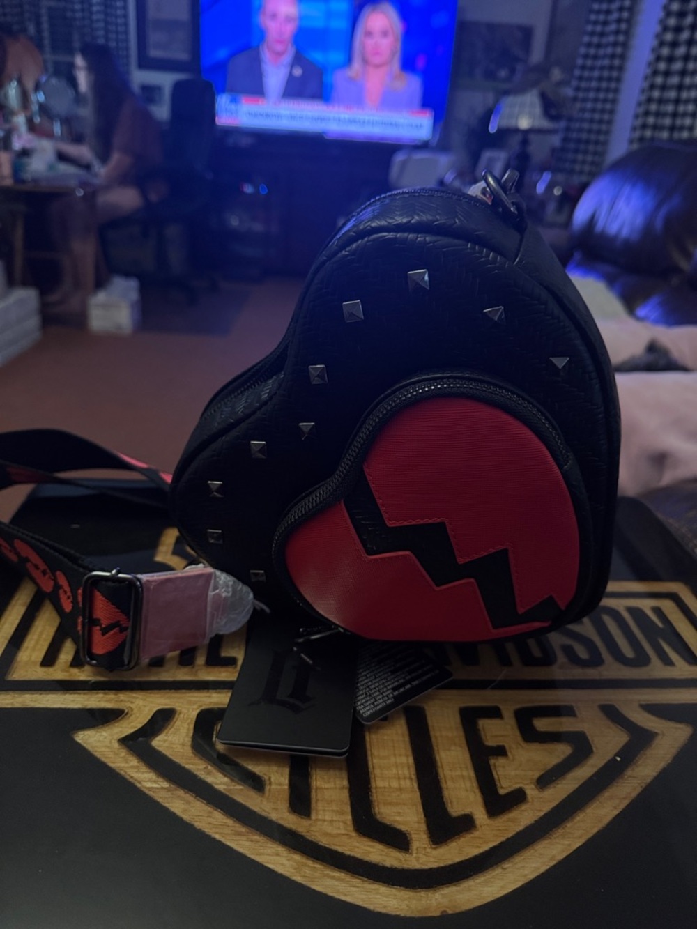 Black Heart-Shaped Crossbody Bag with Red Kiss Strap Hardtag Loungefly